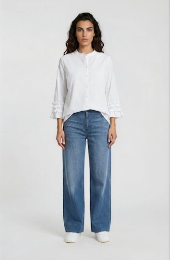 roundneck blouse 3/4 sleeve w volant + ruffles