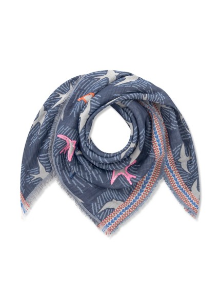 Jacquard-Tuch aus Baumwollmischung mit Vogelmotiven und Stickerei