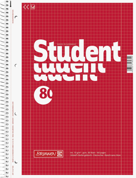Brunnen 1067928 Notizblock / Collegeblock Student (A4, kariert, Lineatur 28, 70g/m², 80 Blatt)