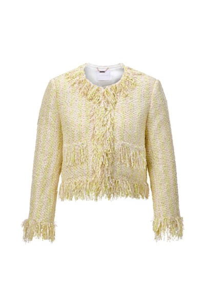 Short boucle jacket with fringes