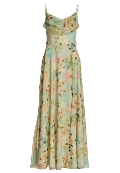Abendkleid aus floral bedrucktem Chiffon mit Wasserfall-Ausschnitt und Beinschlitz