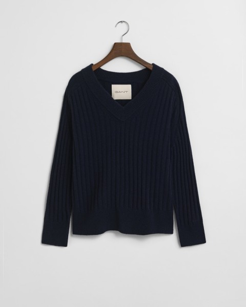 Gerippter V-Neck Wollpullover
