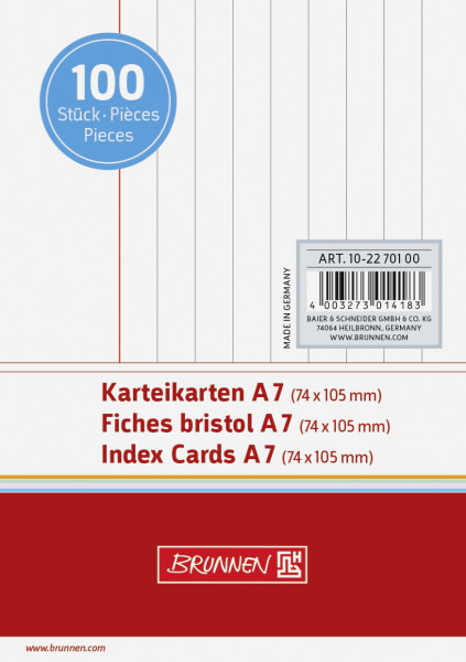 Brunnen 102270100 Karteikarte (A7 liniert, 100 Stück, eingeschweißt) weiß