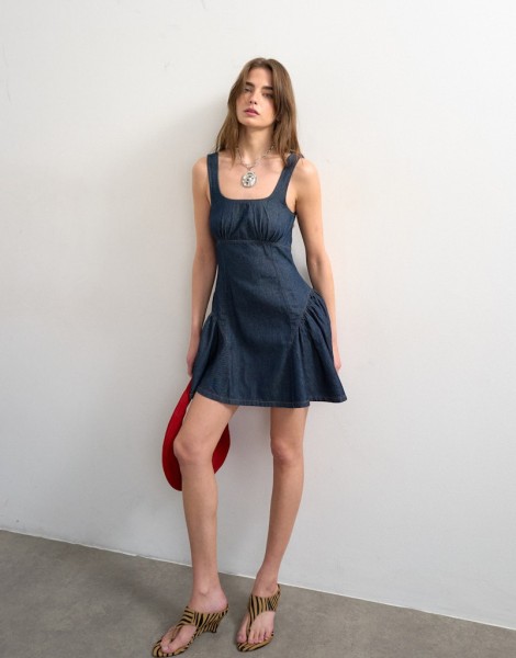 TSEVA DENIM PEPLUM HEM MINI DRESS DNM