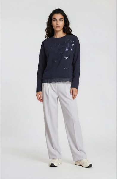 round neck sweatshirt 1/1 sleeve + lace at hem
