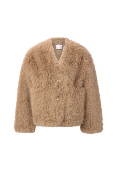 Boxy V-Neck Faux Fur Jacket