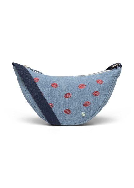 Umhängetasche aus Denim mit bedrucktem Lippen-Stickerei