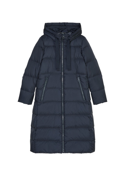 Long coat, feminine shape, down filled, with hood