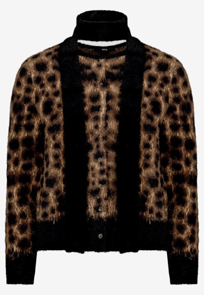 Flauschige Leo-Strickjacke mit Schal