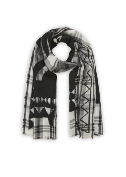 Premium Schal aus Woll-Baumwoll-Mischung mit Karomuster und stilisierten Tieren
