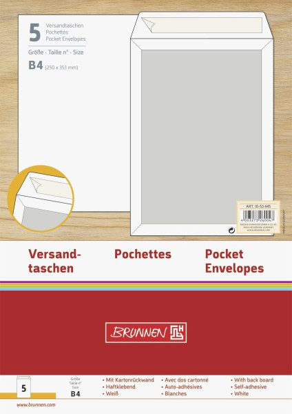 Brunnen 1053445 Versandtasche (B4, Haftklebung, Natron, 120 g/qm, 5 Stück) weiß