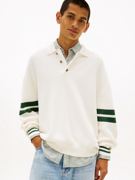 90s Tommy Badge Stripe Sleeve Polo Jumper