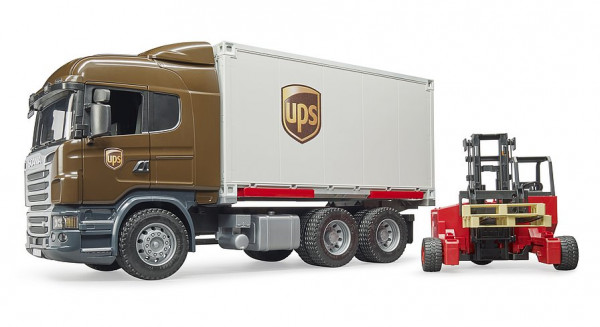 BRUDER Scania R-Serie UPS Logistik-LKW mit Mitnahmestapler