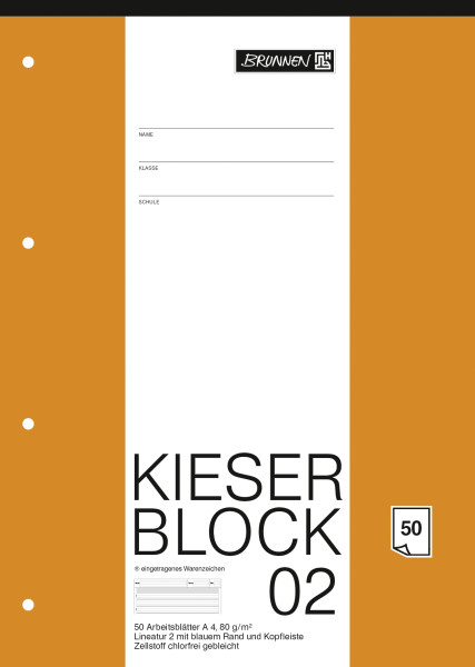 Brunnen 1042942 KIESER-Block Lineatur 2 (A4, 50 Blatt, gelocht, 80 g/m², Klasse 2)