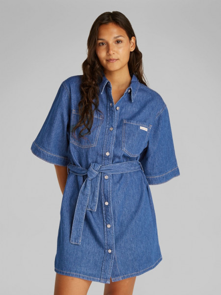 LINEN BOXY BELTED SHIRT DRESS