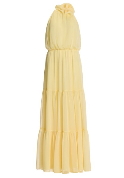 Abendkleid aus Crinkle Chiffon mit Blüte und Stufenrock