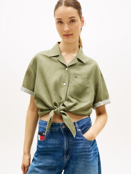 Relaxed Fit Linen Blend Tie Front Shirt