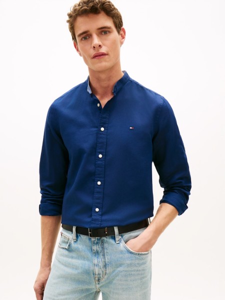 Slim Fit Band Collar Linen Blend Shirt