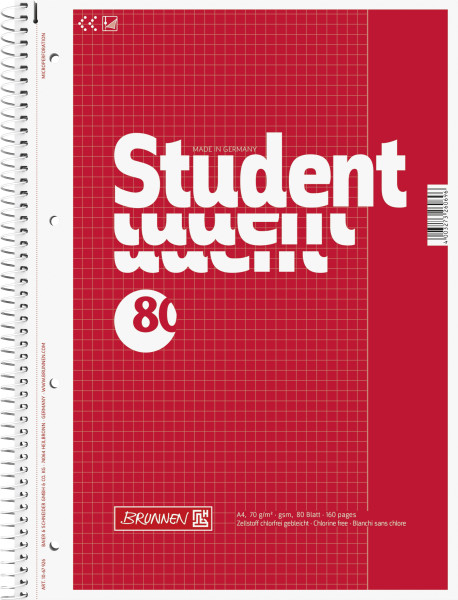 Brunnen 1067926 Notizblock / Collegeblock Student (A4, kariert, Lineatur 26, 70 g/m², 80 Blatt)
