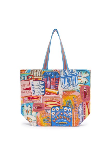 Shopper aus robustem Canvas mit Streifenmuster und Sardinenmotiven
