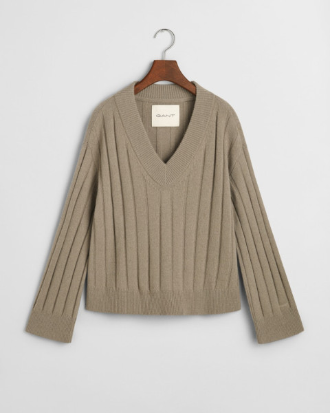 Breit gerippter V-Neck Wollpullover