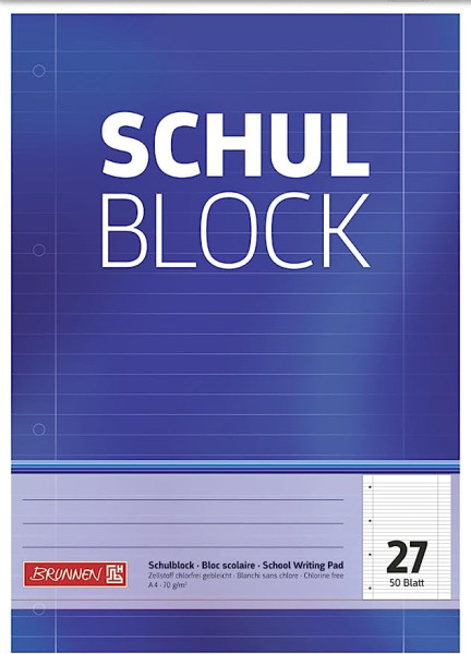 Brunnen 1052527 Schulblock / Notizblock (A4, 50 Blatt, liniert, mit Randlinien, Lineatur 27, gelocht