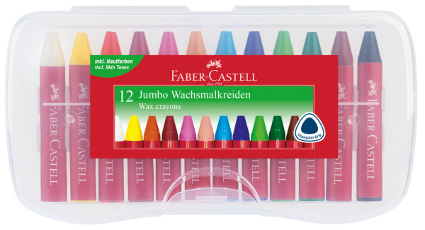 Faber-Castell 120011 Jumbo Wachsmalkreide Dreikant, 12er Kunststoffbox