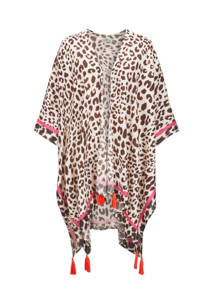 Sommerlicher Poncho aus Viskose mit Leo-Muster und Quasten