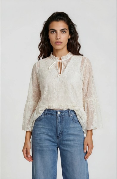 blouse with ruffle on neck, layered flounce on sleeve and hem