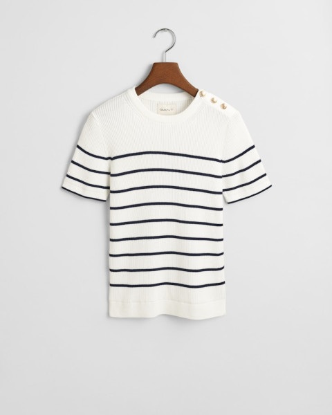 Gerippter Rundhalspullover mit Marinestreifen