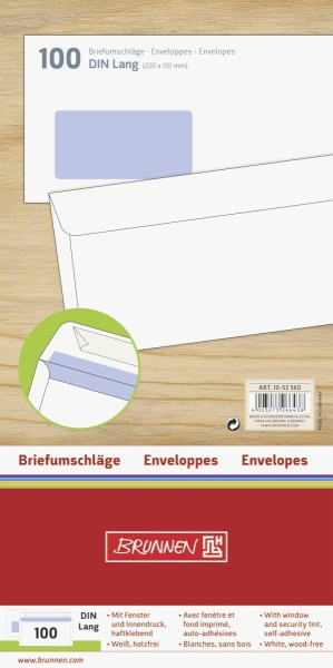 Brunnen 1053560 Briefhülle (DIN Lang, 220 x 110 mm, selbstklebend, Fenster vorhanden, 70 g/qm)