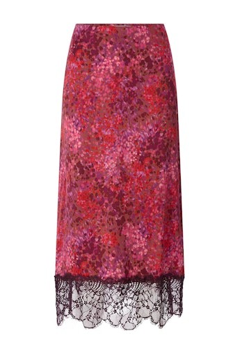 Printed Satin Midi Skirt with Lace