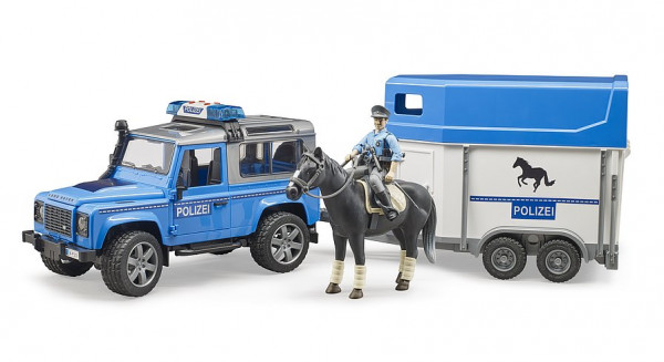BRUDER Land Rover Defender Polizeifahrzeug,Pferdeanhänger, 1 Pferd und Polizist