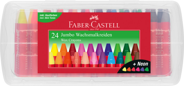 Faber-Castell 120034 Wachsmalkreiden Jumbo 24er Box, inklusive Neon-Farben und Hautfarbe
