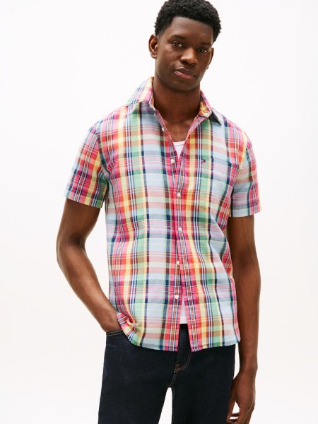 Regular Madras Linen Blend Short Sleeve Shirt