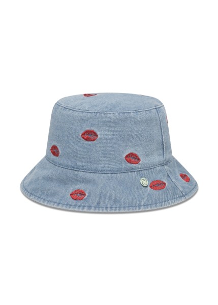 Fischerhut aus Denim mit Lippen-Stickerei